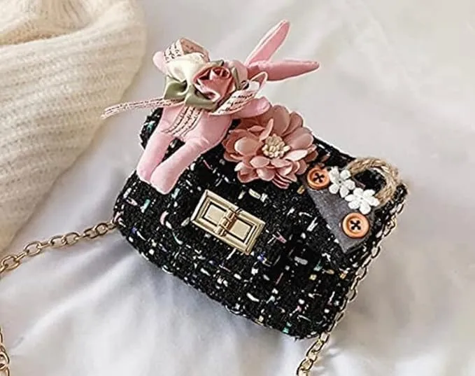 Little Girls Crossbody Purses for Kids Fashionable Handbag Flower Bunny Tweed Purse for Baby Girls