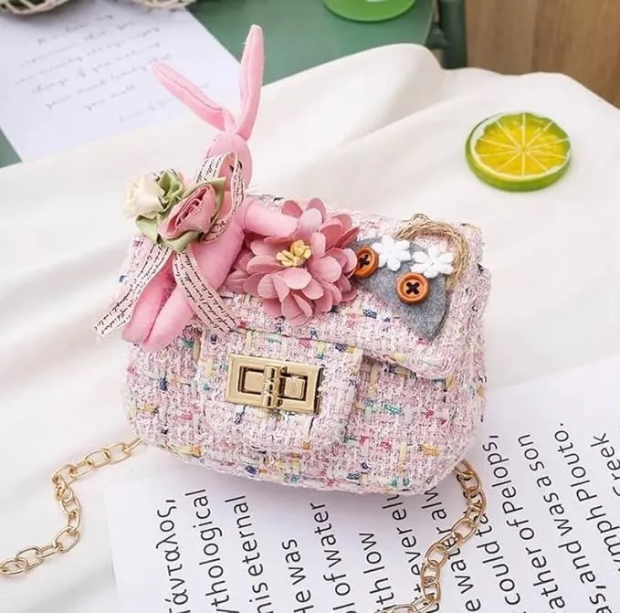 Little Girls Crossbody Purses for Kids Fashionable Handbag Flower Bunny Tweed Purse for Baby Girls