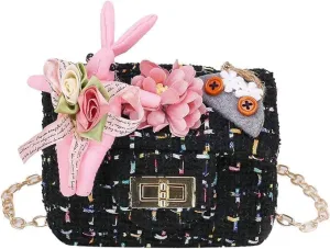 Little Girls Crossbody Purses for Kids Fashionable Handbag Flower Bunny Tweed Purse for Baby Girls