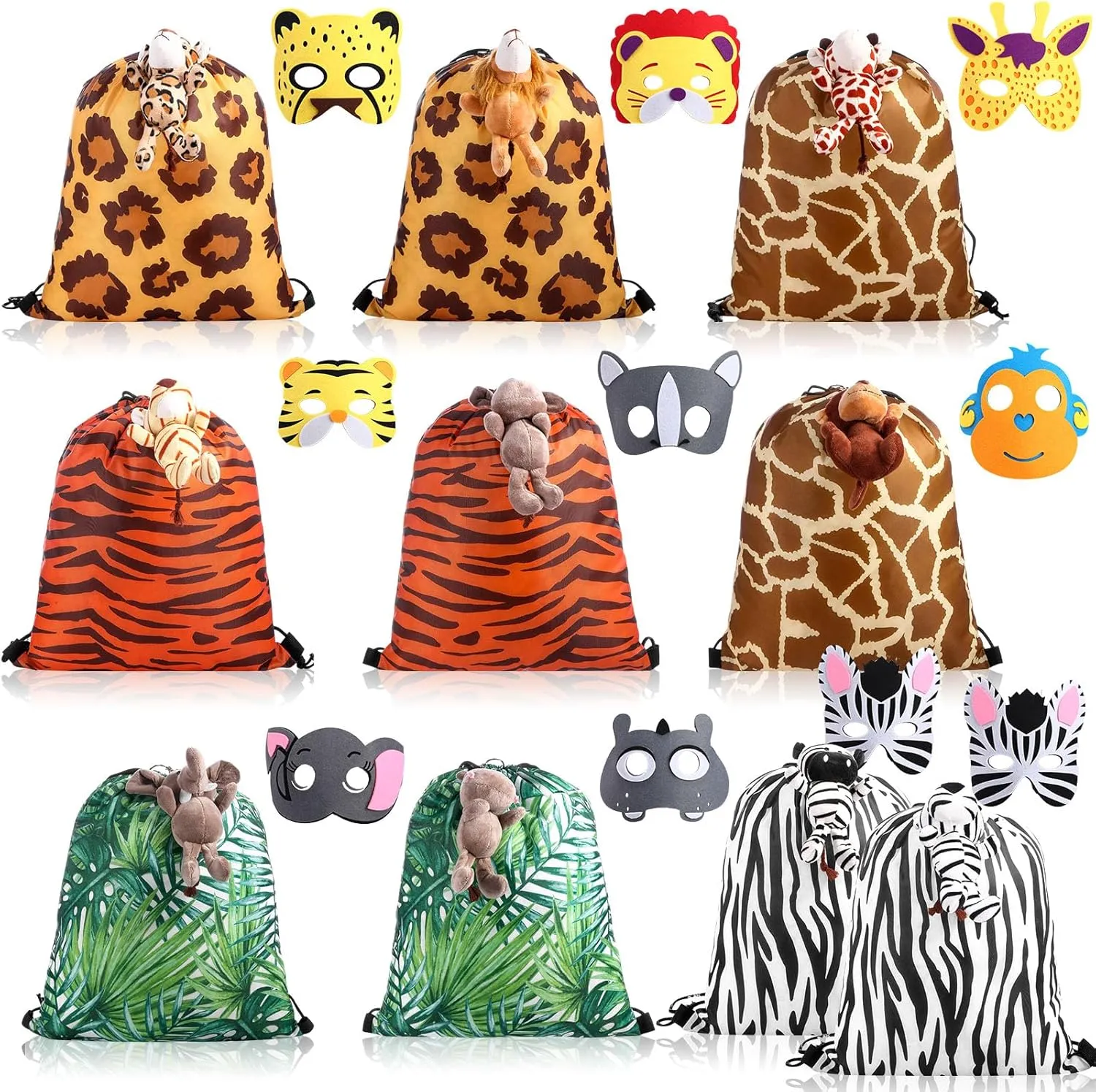 Locmeo 30 Pcs Jungle Animal Set Party Favors, Animal Print Drawstring Gift Bags and Jungle Animal Plush Keychain 15 x 12 In Jungle Goodie Bags 5.5 In Plush Toys for Baby Shower Birthday Party Supplies