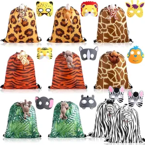 Locmeo 30 Pcs Jungle Animal Set Party Favors, Animal Print Drawstring Gift Bags and Jungle Animal Plush Keychain 15 x 12 In Jungle Goodie Bags 5.5 In Plush Toys for Baby Shower Birthday Party Supplies