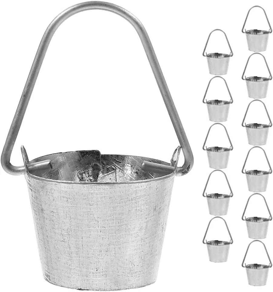 LOGOFUN 12Pcs Dollhouse Miniature Water Bucket Doll House Iron Bucket Mini Barrel Model for Garden Micro Landscape Decoration