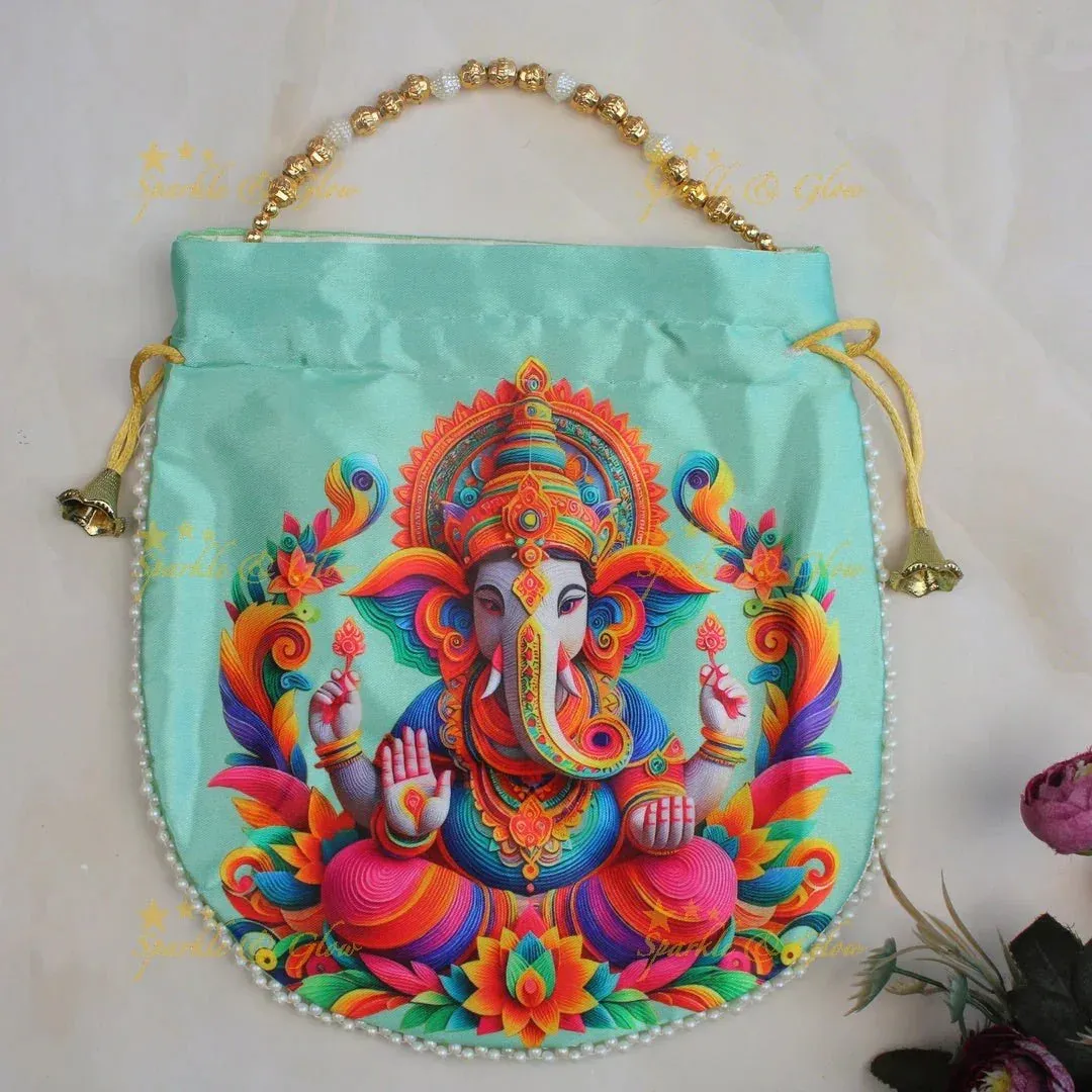 Lord Ganesha Gold Beaded Potli Bags - Set of 10