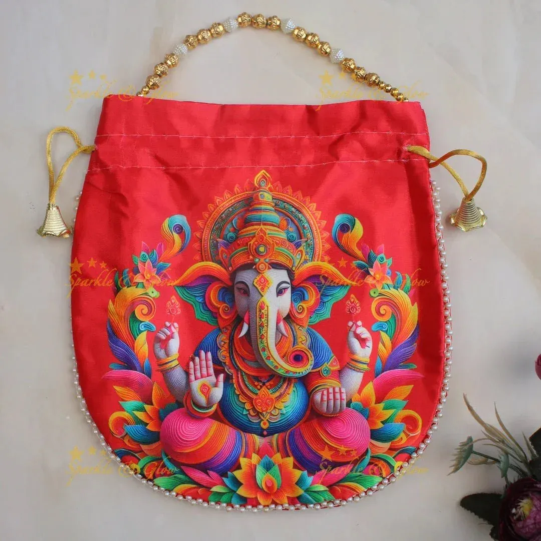 Lord Ganesha Gold Beaded Potli Bags - Set of 10