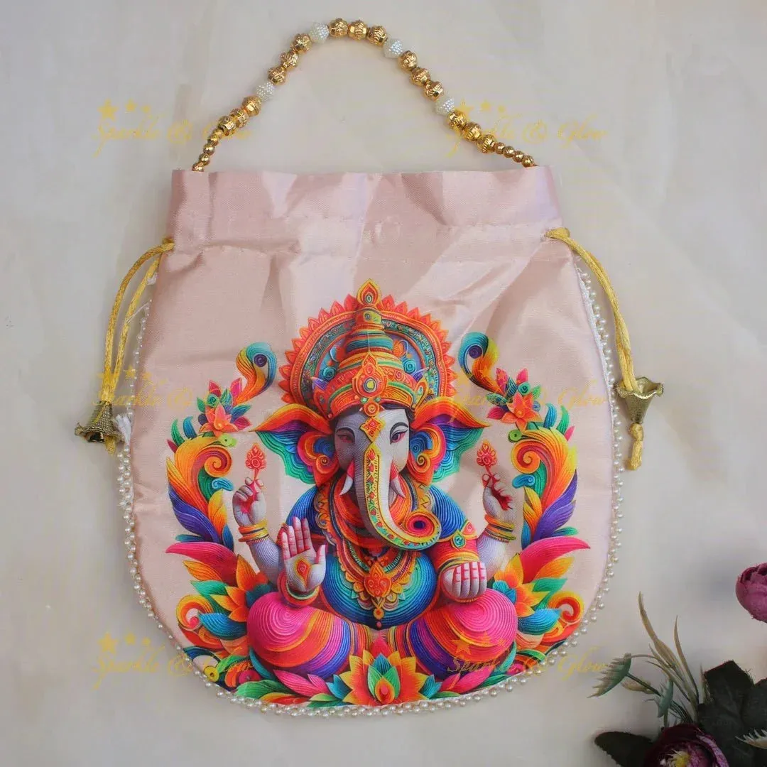 Lord Ganesha Gold Beaded Potli Bags - Set of 10
