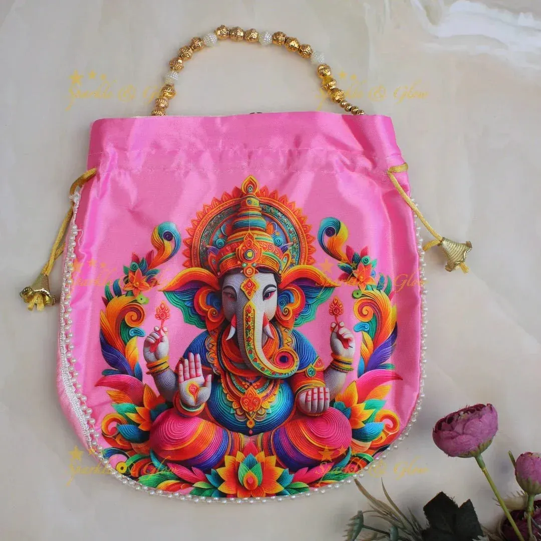 Lord Ganesha Gold Beaded Potli Bags - Set of 10