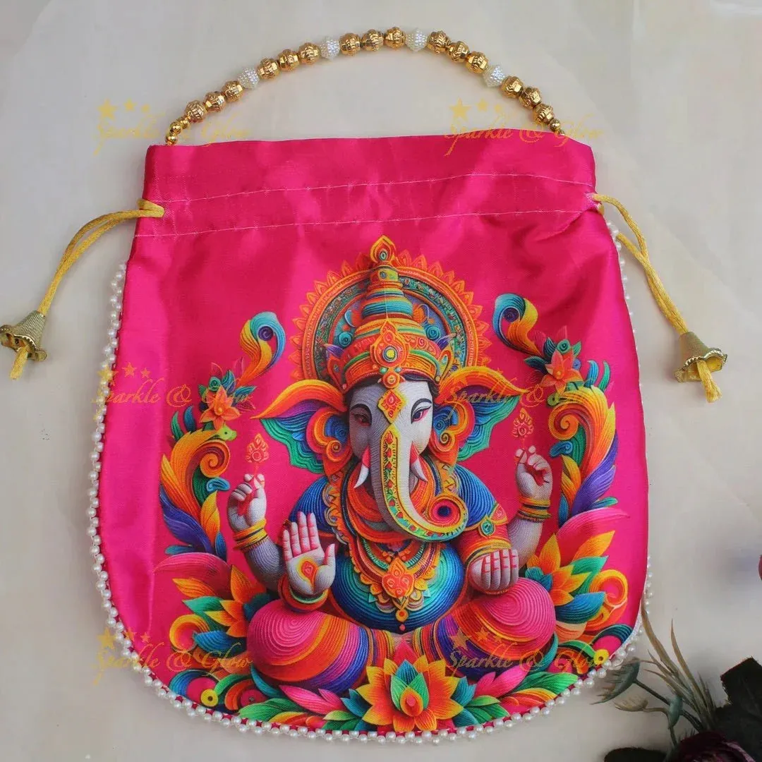 Lord Ganesha Gold Beaded Potli Bags - Set of 10