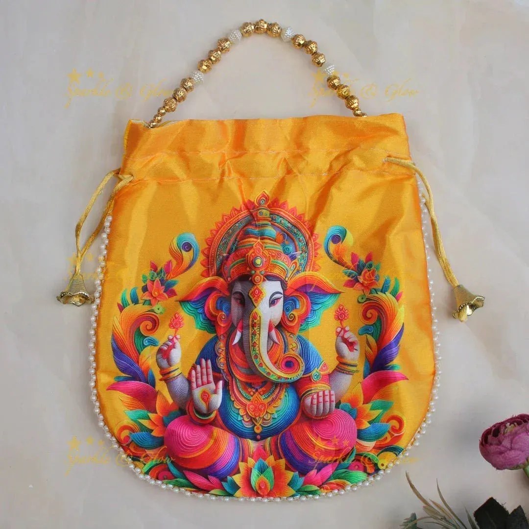 Lord Ganesha Gold Beaded Potli Bags - Set of 10