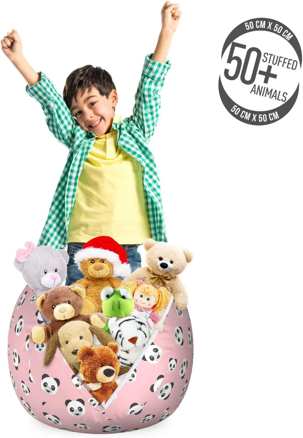 Lunarable Baby Pink Storage Toy Bag Chair, Panda Pattern Chinese Animal Portrait Nursery Cartoon Bear, Stuffed Animal Organizer Washable Bag, Small Size, Grey Charcoal