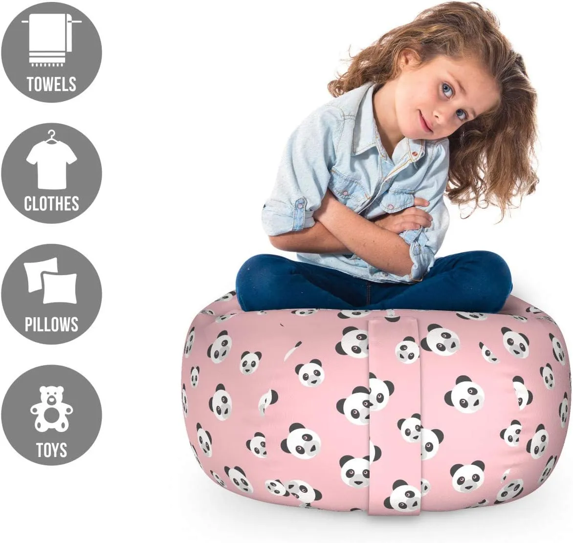 Lunarable Baby Pink Storage Toy Bag Chair, Panda Pattern Chinese Animal Portrait Nursery Cartoon Bear, Stuffed Animal Organizer Washable Bag, Small Size, Grey Charcoal