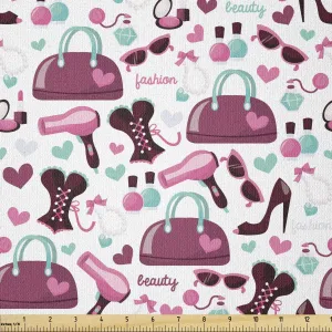 Lunarable Fashion Fabric by The Yard, Primary Girl Fashion Objects with Glamour High Heel Shoe and Bag Clothing Print, Stretch Knit Fabric for Clothing Sewing and Arts Crafts, 1 Yard, Purple White