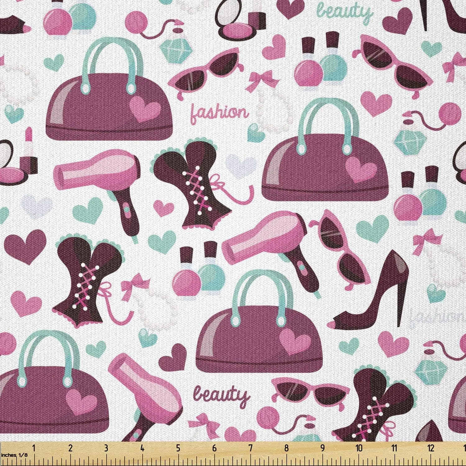 Lunarable Fashion Fabric by The Yard, Primary Girl Fashion Objects with Glamour High Heel Shoe and Bag Clothing Print, Stretch Knit Fabric for Clothing Sewing and Arts Crafts, 1 Yard, Purple White