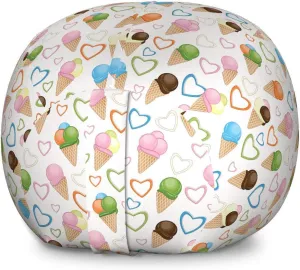 Lunarable Ice Cream Storage Toy Bag Chair, Refreshing Summer Food with 3 Different Scoops and Colorful Hearts, Stuffed Animal Organizer Washable Bag, Large Size, Multicolor