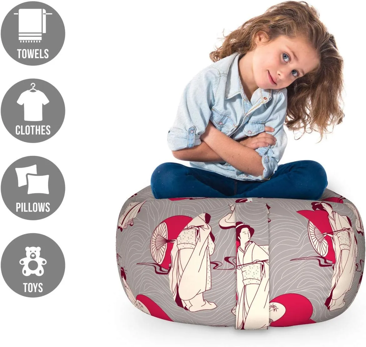 Lunarable Japanese Storage Toy Bag Chair, Geisha with Paper Umbrella and Hand Fan on a Greyscale Background, Stuffed Animal Organizer Washable Bag, Small Size, Beige Grey