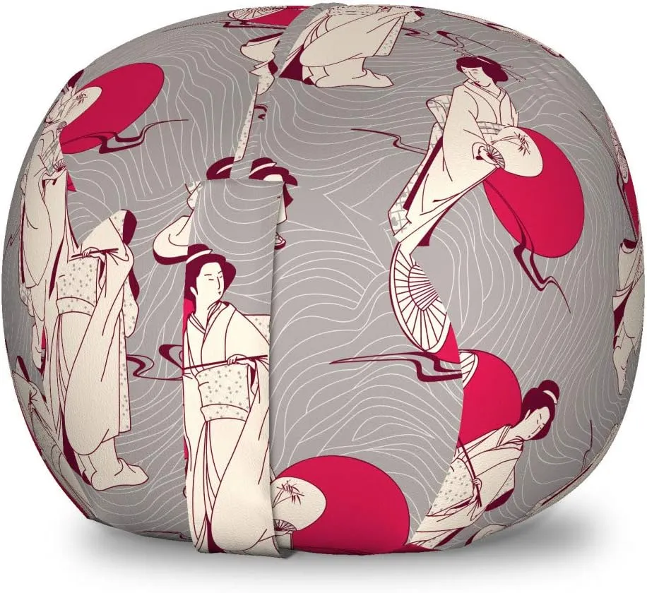Lunarable Japanese Storage Toy Bag Chair, Geisha with Paper Umbrella and Hand Fan on a Greyscale Background, Stuffed Animal Organizer Washable Bag, Small Size, Beige Grey