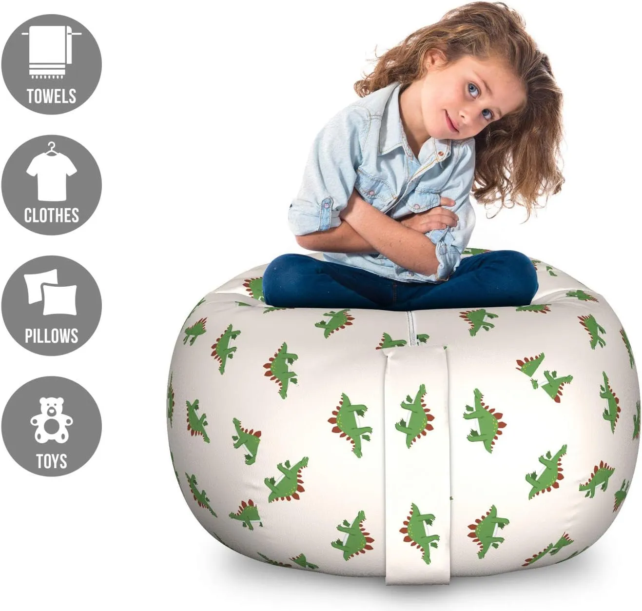 Lunarable Jurassic Storage Toy Bag Chair, Stegosaurus Dinosaur Prehistoric Herbivorous Reptiles Extinct Animals, Stuffed Animal Organizer Washable Bag, Large Size, Fern Green Ruby Beige