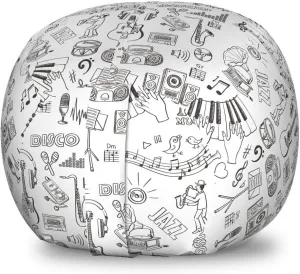 Lunarable Sketch Storage Toy Bag Chair, Music Theme Pattern Variety of Instruments Performers Notes and Little Birds, Stuffed Animal Organizer Washable Bag, Small Size, Black and White