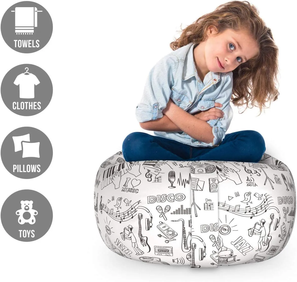 Lunarable Sketch Storage Toy Bag Chair, Music Theme Pattern Variety of Instruments Performers Notes and Little Birds, Stuffed Animal Organizer Washable Bag, Small Size, Black and White