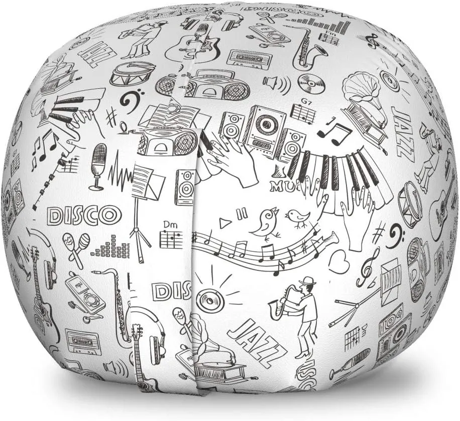 Lunarable Sketch Storage Toy Bag Chair, Music Theme Pattern Variety of Instruments Performers Notes and Little Birds, Stuffed Animal Organizer Washable Bag, Small Size, Black and White