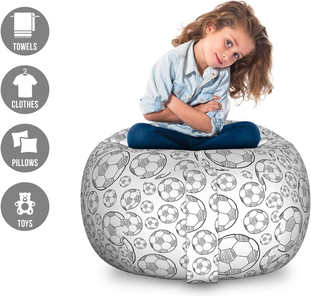 Lunarable Soccer Storage Toy Bag Chair, Monochrome Sketch Composition Sports Themed Illustration Simplistic Design, Stuffed Animal Organizer Washable Bag, Large Size, Black White