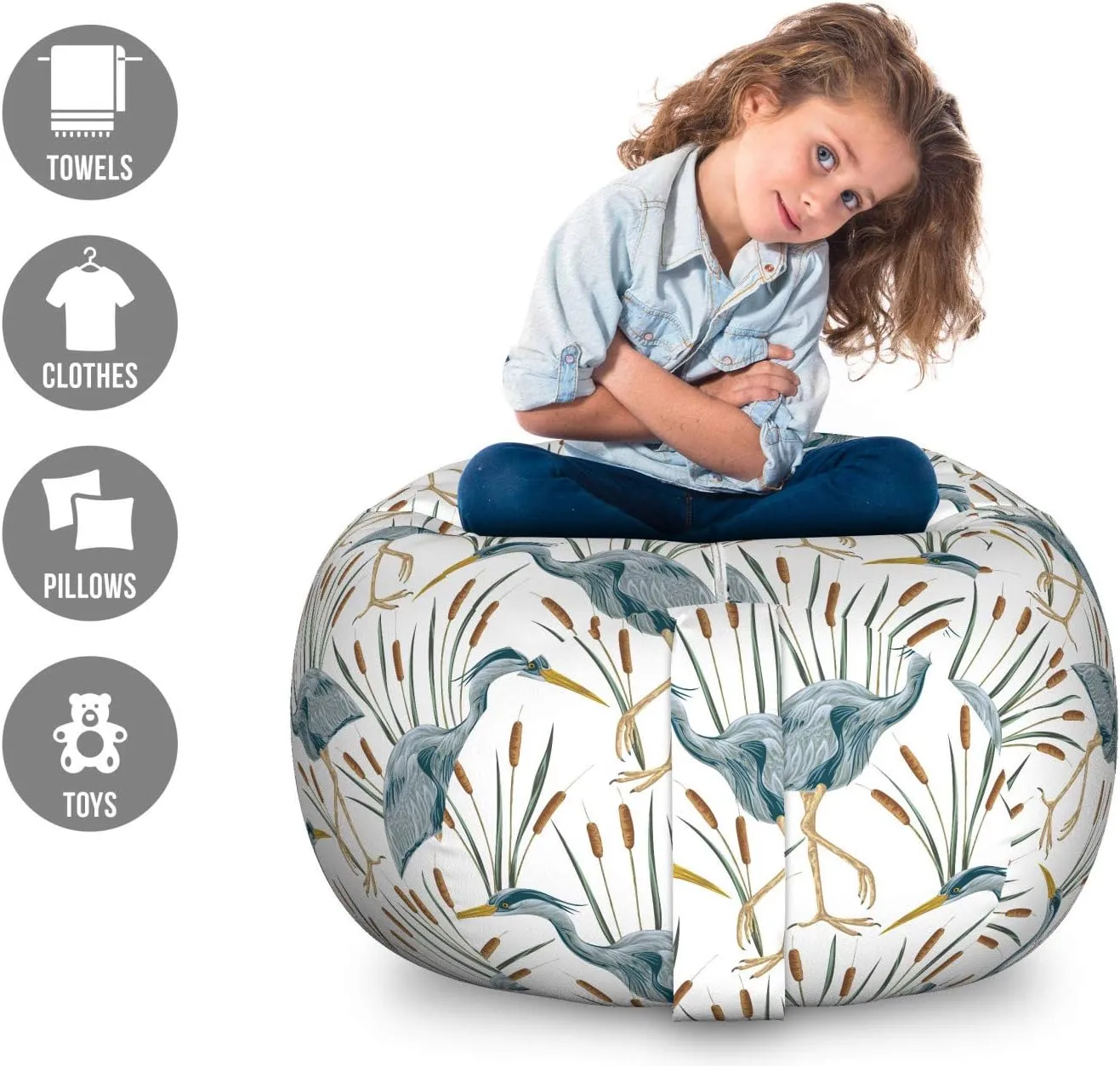 Lunarable Swamp Storage Toy Bag Chair, Blue Grey Heron Birds and Bulrush Water Foliage Growth Wilderness Tropical Lands, Stuffed Animal Organizer Washable Bag, Large Size, Blue Amber