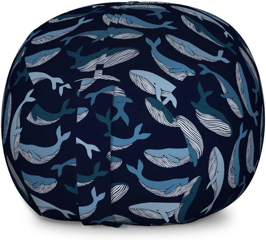 Lunarable Whales Storage Toy Bag Chair, Doodle Pattern with Ocean Mammals Nature Theme on Dark Background, Stuffed Animal Organizer Washable Bag, Large Size, Pale Blue