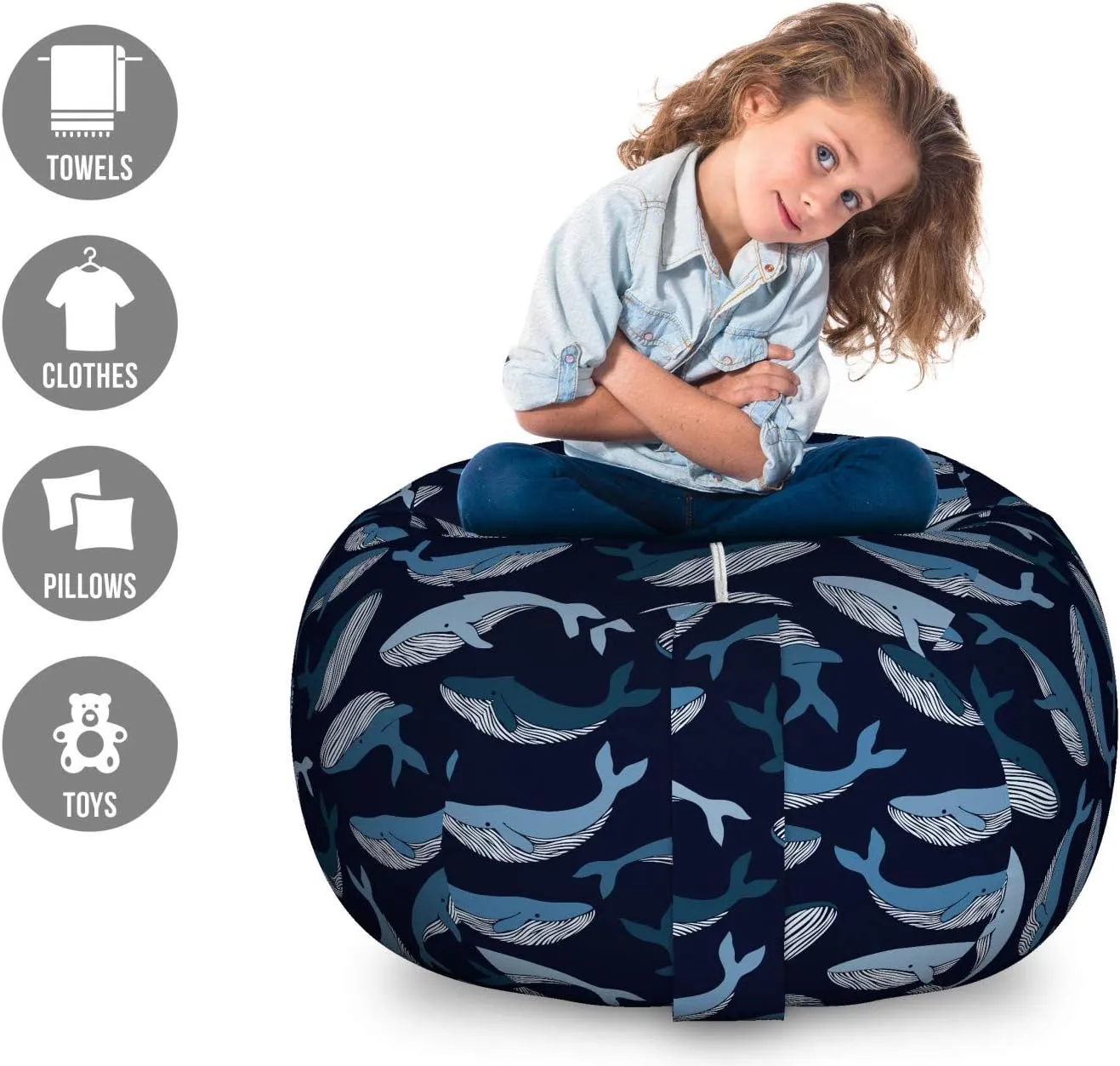 Lunarable Whales Storage Toy Bag Chair, Doodle Pattern with Ocean Mammals Nature Theme on Dark Background, Stuffed Animal Organizer Washable Bag, Large Size, Pale Blue