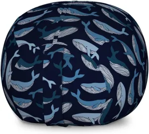 Lunarable Whales Storage Toy Bag Chair, Doodle Pattern with Ocean Mammals Nature Theme on Dark Background, Stuffed Animal Organizer Washable Bag, Large Size, Pale Blue