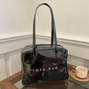Lushandy Cute Tote Bag for Women Trendy PVC Tote Bag with Zipper Shiny Womens Letters Print Tote Bag Fashion Shoulder Handbag