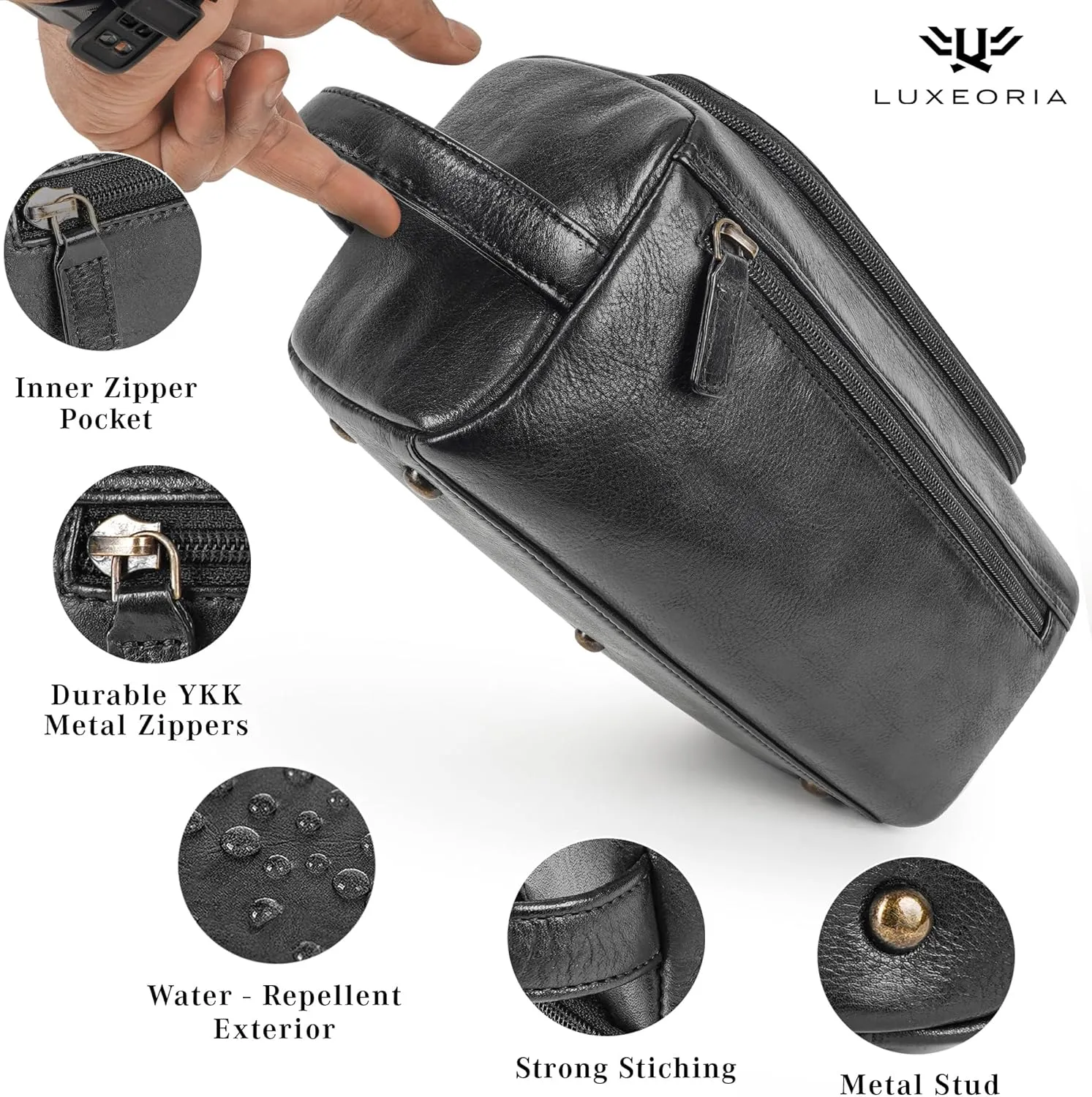 LUXEORIA Genuine Leather Toiletry Bags for Men and Women, Handmade Premium Leather Dopp Kit and Shaving Bag, Cosmetic Bag for Womens and Mens, Travel Essentials & Organizers