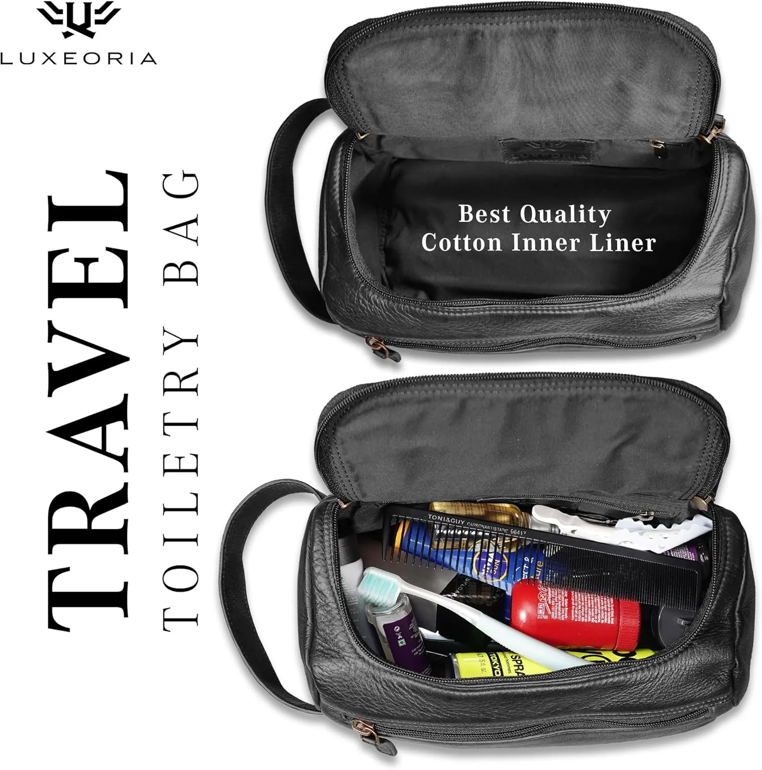 LUXEORIA Genuine Leather Toiletry Bags for Men and Women, Handmade Premium Leather Dopp Kit and Shaving Bag, Cosmetic Bag for Womens and Mens, Travel Essentials & Organizers
