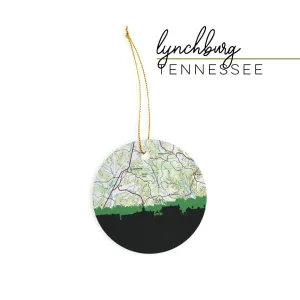 Lynchburg Tennessee city skyline decor with vintage Lynchburg map