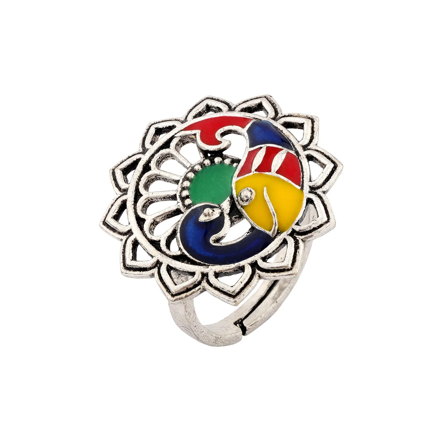 Madhubani Matsya Mayur Oxidised Enamel Ring