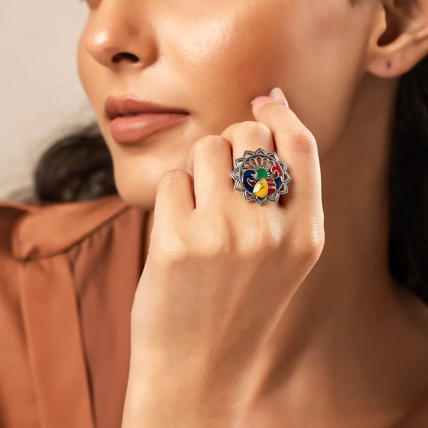 Madhubani Matsya Mayur Oxidised Enamel Ring