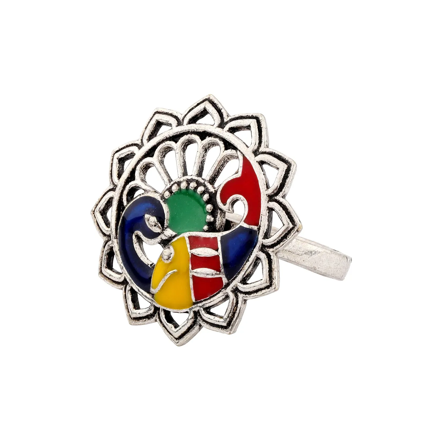 Madhubani Matsya Mayur Oxidised Enamel Ring