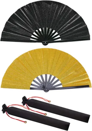Maitys Large Folding Hand Silk Fans Chinese Handheld Tai Ji Fan for Men and Women, Festival, Line Dance, Kungfu, Martial Art, Gift(Glitter Black and Gold,2 Packs)