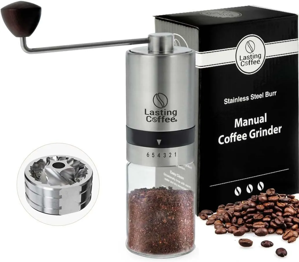 Manual Coffee Grinder with Stainless Steel Burr | Premium Conical Whole Bean Hand Mill with Adjustable Settings | Portable Hand Crank Grinder