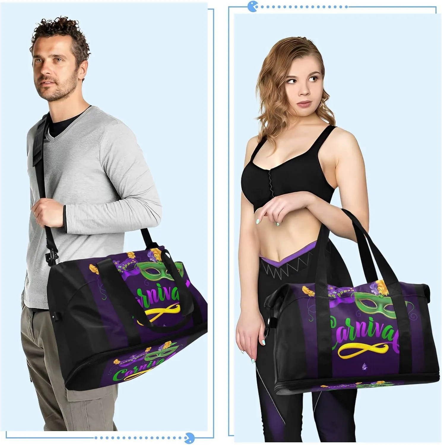 Mardi Gras Carnival Calligraphy Face Mask Purple Green on Black Foldable Travel Bag, Camping Luggage bag, Portable Gym Bag, Sports Bag, Toiletry Bag with Handles Adjustable Shoulder Strap