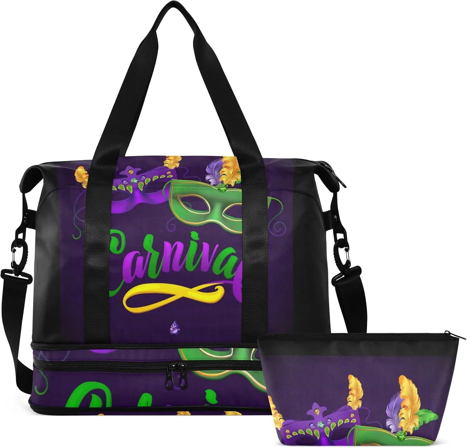 Mardi Gras Carnival Calligraphy Face Mask Purple Green on Black Foldable Travel Bag, Camping Luggage bag, Portable Gym Bag, Sports Bag, Toiletry Bag with Handles Adjustable Shoulder Strap