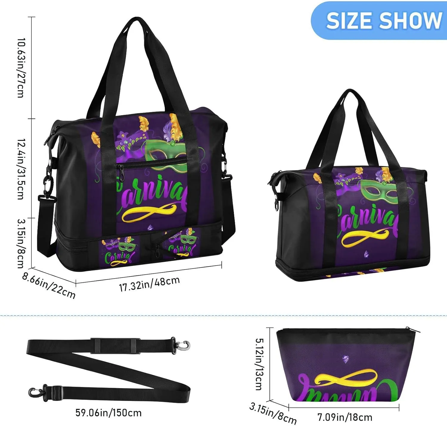Mardi Gras Carnival Calligraphy Face Mask Purple Green on Black Foldable Travel Bag, Camping Luggage bag, Portable Gym Bag, Sports Bag, Toiletry Bag with Handles Adjustable Shoulder Strap