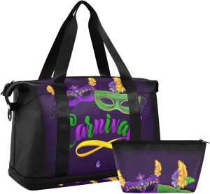 Mardi Gras Carnival Calligraphy Face Mask Purple Green on Black Foldable Travel Bag, Camping Luggage bag, Portable Gym Bag, Sports Bag, Toiletry Bag with Handles Adjustable Shoulder Strap
