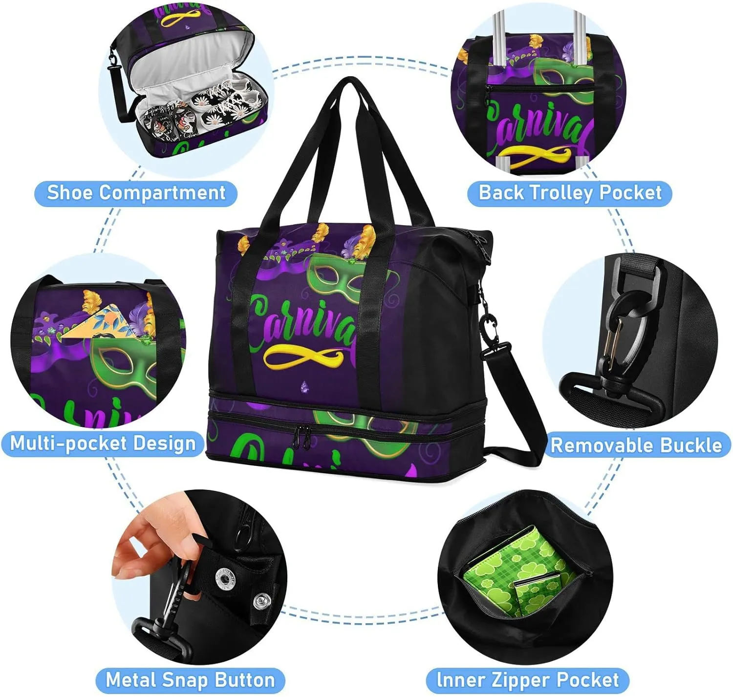 Mardi Gras Carnival Calligraphy Face Mask Purple Green on Black Foldable Travel Bag, Camping Luggage bag, Portable Gym Bag, Sports Bag, Toiletry Bag with Handles Adjustable Shoulder Strap