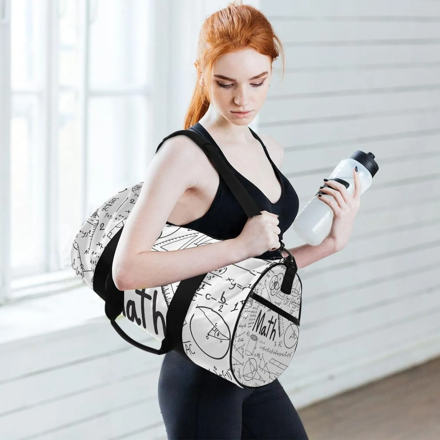 Mathematical Theory Formula Equation Doodle on White Portable Gym Bag, Travel Bag, Luggage bag, Sports Bag, Toiletry Bag with Handles, Detachable Shoulder Strap 17.6 x 9 x 9 inch