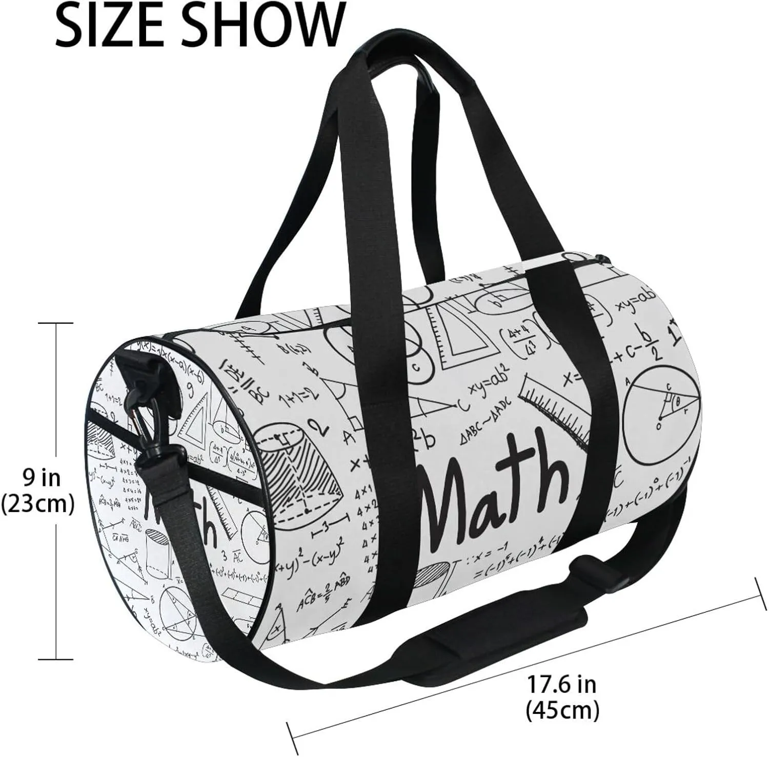Mathematical Theory Formula Equation Doodle on White Portable Gym Bag, Travel Bag, Luggage bag, Sports Bag, Toiletry Bag with Handles, Detachable Shoulder Strap 17.6 x 9 x 9 inch