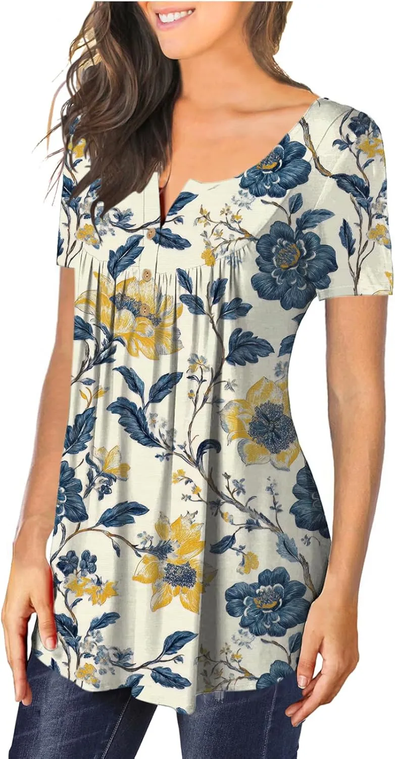 MAYAMANG Women's Floral Tunic Tops Casual Blouse V Neck Short Sleeve Buttons Up T-Shirts