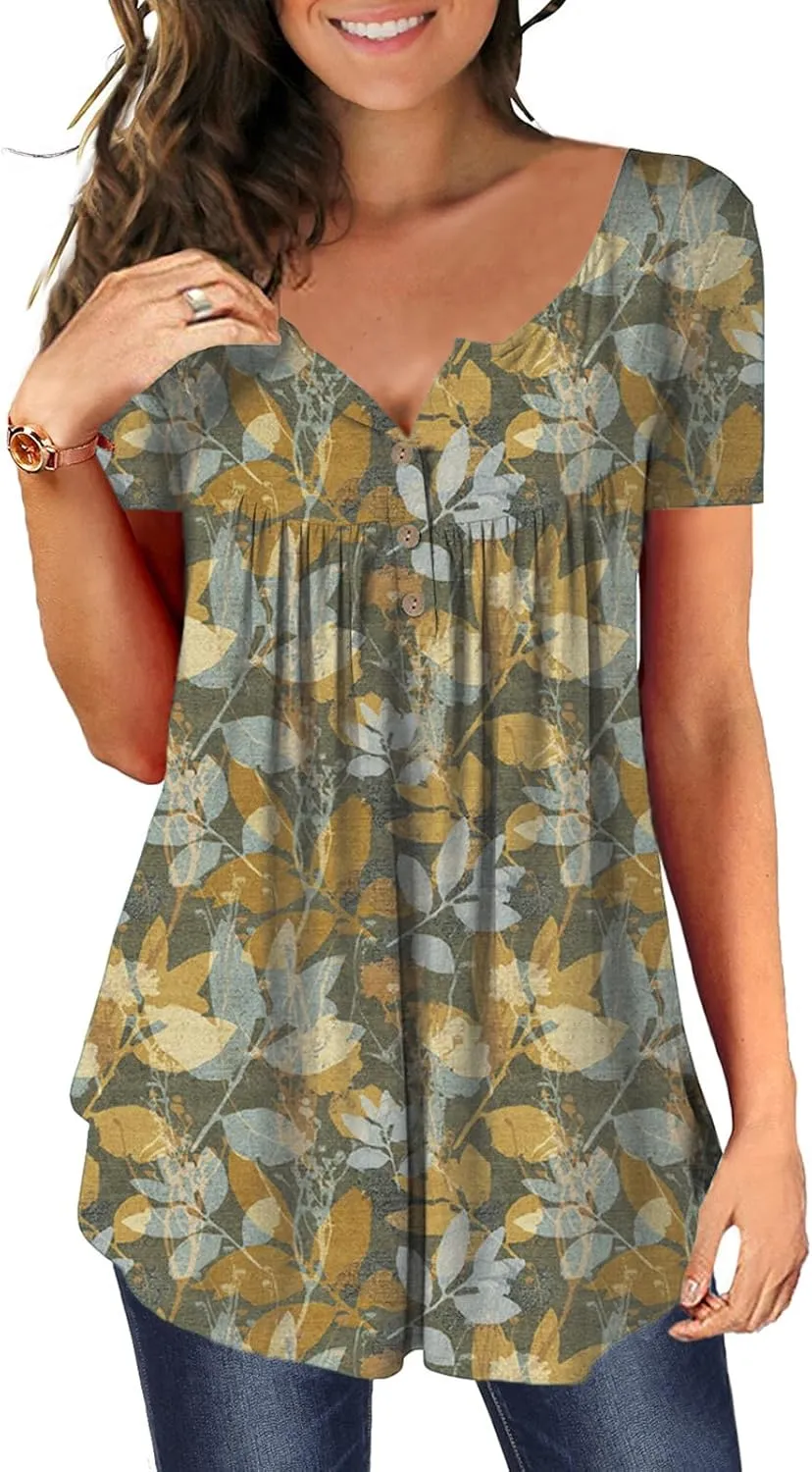MAYAMANG Women's Floral Tunic Tops Casual Blouse V Neck Short Sleeve Buttons Up T-Shirts