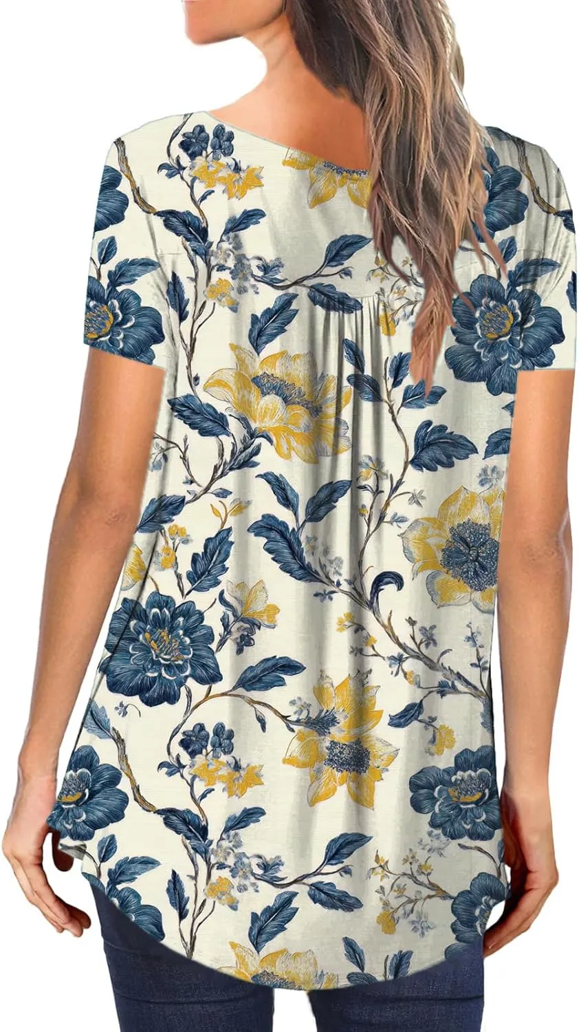 MAYAMANG Women's Floral Tunic Tops Casual Blouse V Neck Short Sleeve Buttons Up T-Shirts