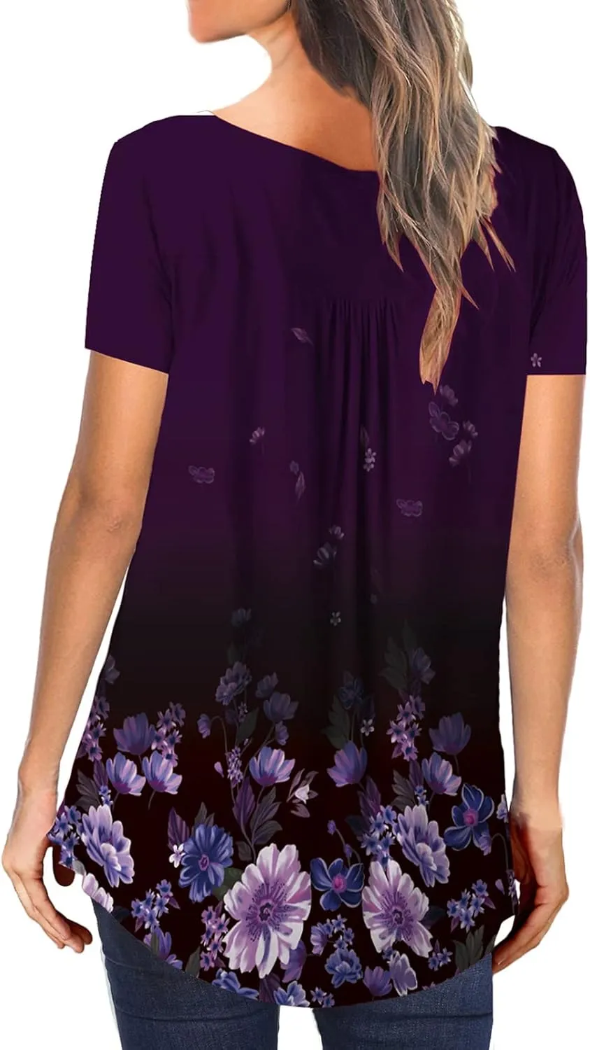 MAYAMANG Women's Floral Tunic Tops Casual Blouse V Neck Short Sleeve Buttons Up T-Shirts