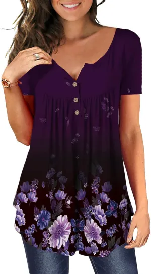 MAYAMANG Women's Floral Tunic Tops Casual Blouse V Neck Short Sleeve Buttons Up T-Shirts