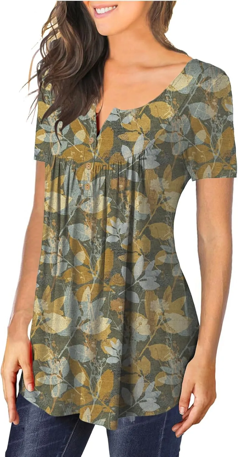 MAYAMANG Women's Floral Tunic Tops Casual Blouse V Neck Short Sleeve Buttons Up T-Shirts